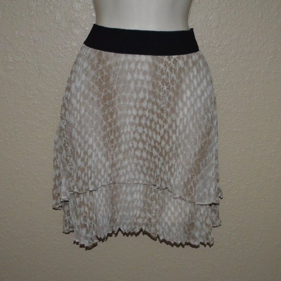 Sz 2 Enza Costa Tan White Printe Pleated Elastic Waist Mini Skirt - Picture 1 of 5